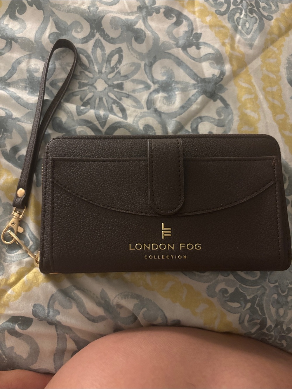 London Fog Dark Brown Wristlet Wallet with Gold Hardware